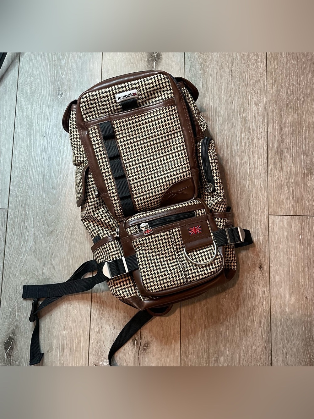 Rare Vintage Reebok Houndstooth Cargo Utility Backpack Gorpcore Union Jack